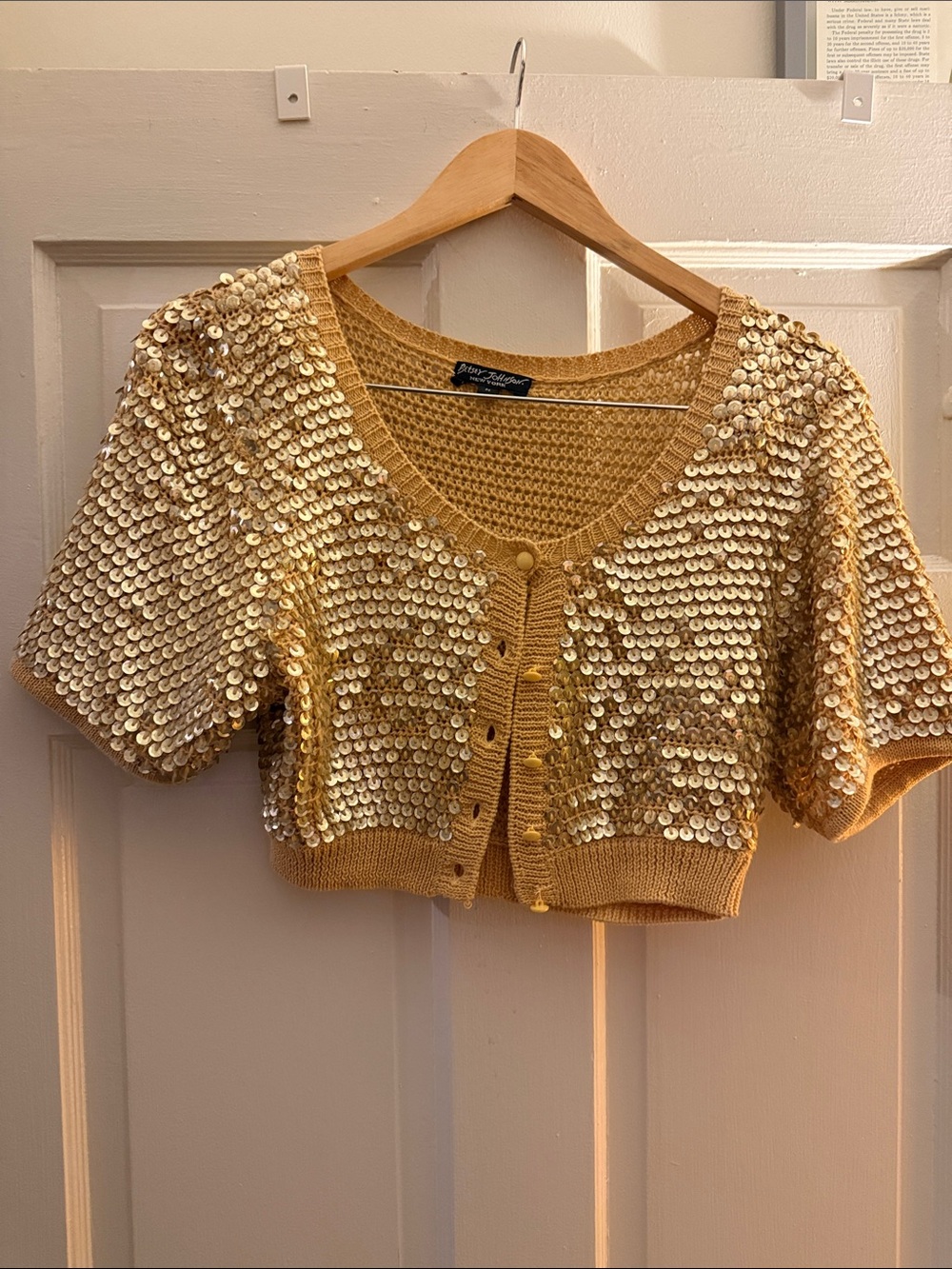 Vintage Y2K Betsey Johnson Gold Sequined Cropped Cardigan